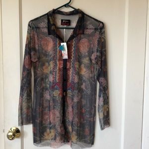 Johnny Was NWT sheer embroidered button down top